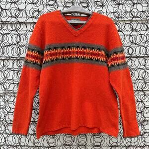 VTG 90s Eddie Bauer Lambs Wool Orange Fair Isle Stripe Gorpcore Sweater LG Tall